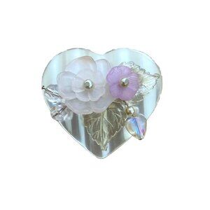 VTG 90s HEART White Pink Rose Leaf Pearlized Plastic Button Brooch Pin